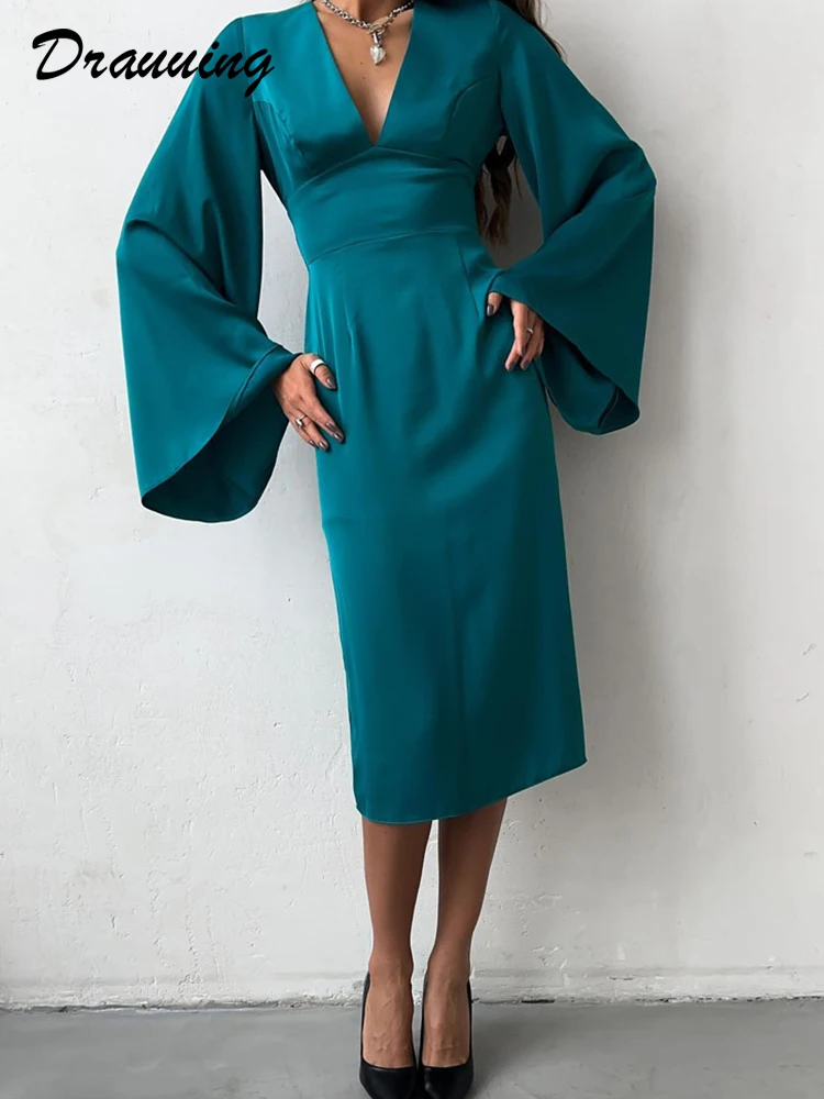 Drauuing Flared Sleeve Ankle Length Party Dress Women Backless Lace up Sexy Long Dress Women V Neck Elegant Party Dress Solid
Drauuing Flared Sleeve Ankle Length Party Dress Women Backless Lace up Sexy Long Dress Women V Neck Elegant Party Dress Solid