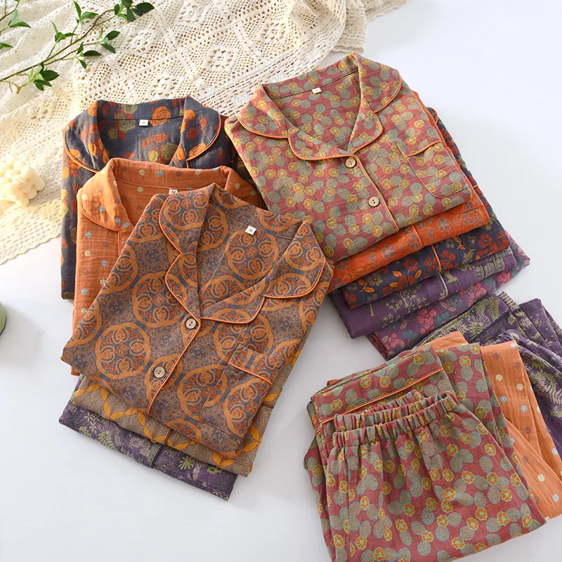 Spring and Autumn Cotton Yarn-dyed Double-layer Yarn Jacquard Women's Pajamas Lapel Long-sleeved Trousers Loungewear 2 Piece Set
Spring and Autumn Cotton Yarn-dyed Double-layer Yarn Jacquard Women's Pajamas Lapel Long-sleeved Trousers Loungewear 2 Piece Set