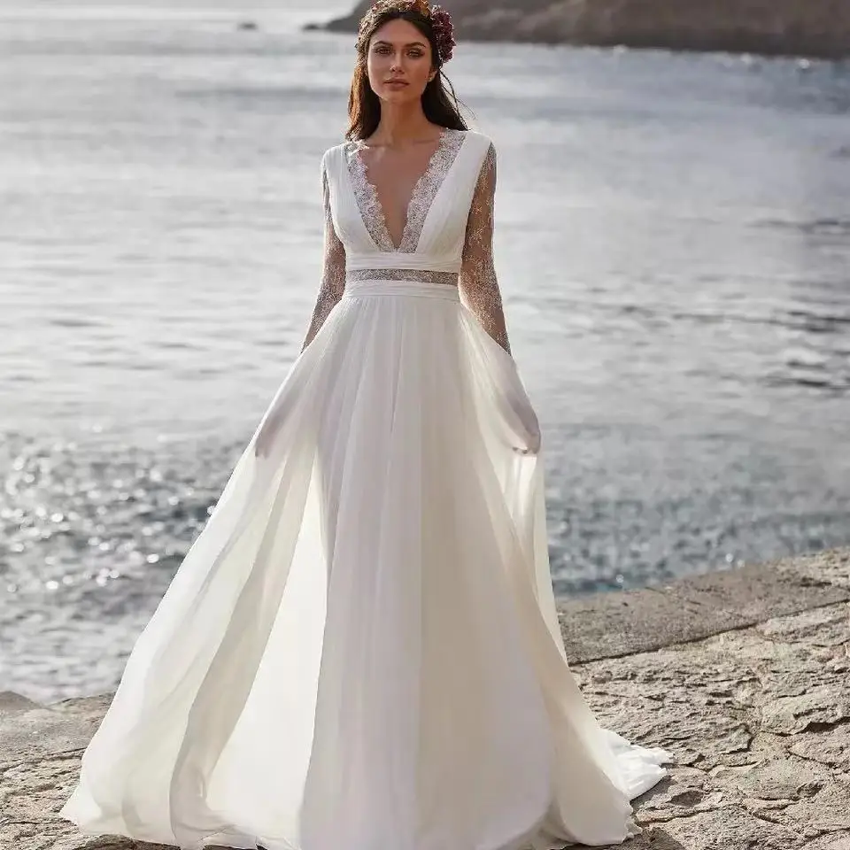 Bohemian Wedding Dress 2022 Long Sleeve V-Neck Floor Length Chiffon A-Line lace Back Bridal Gowns With Belt Charming For Women
Bohemian Wedding Dress 2022 Long Sleeve V-Neck Floor Length Chiffon A-Line lace Back Bridal Gowns With Belt Charming For Women