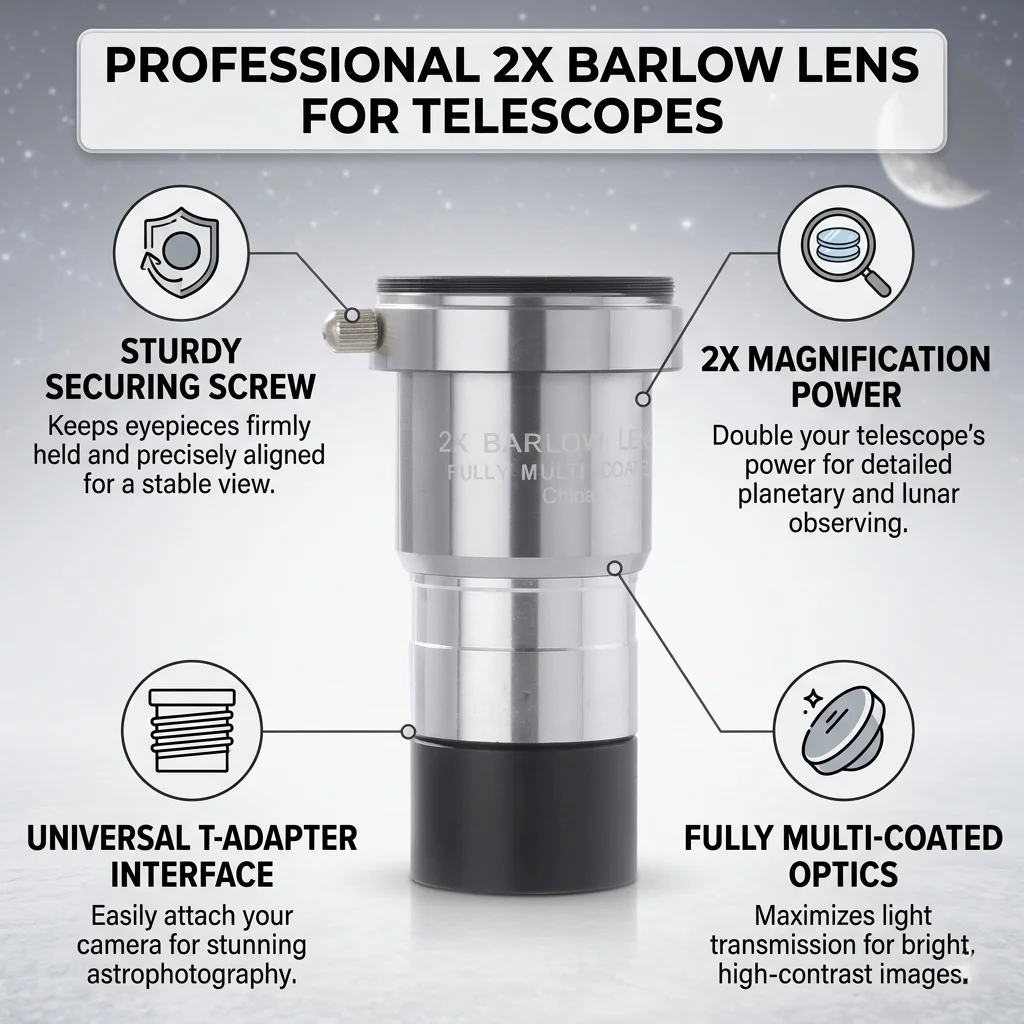 Universal Silver 2X Barlow Lens Double Magnification M42 Thread for 1.25" Telescope Eyepieces Astronomical Telescope Accessories
Universal Silver 2X Barlow Lens Double Magnification M42 Thread for 1.25" Telescope Eyepieces Astronomical Telescope Accessories