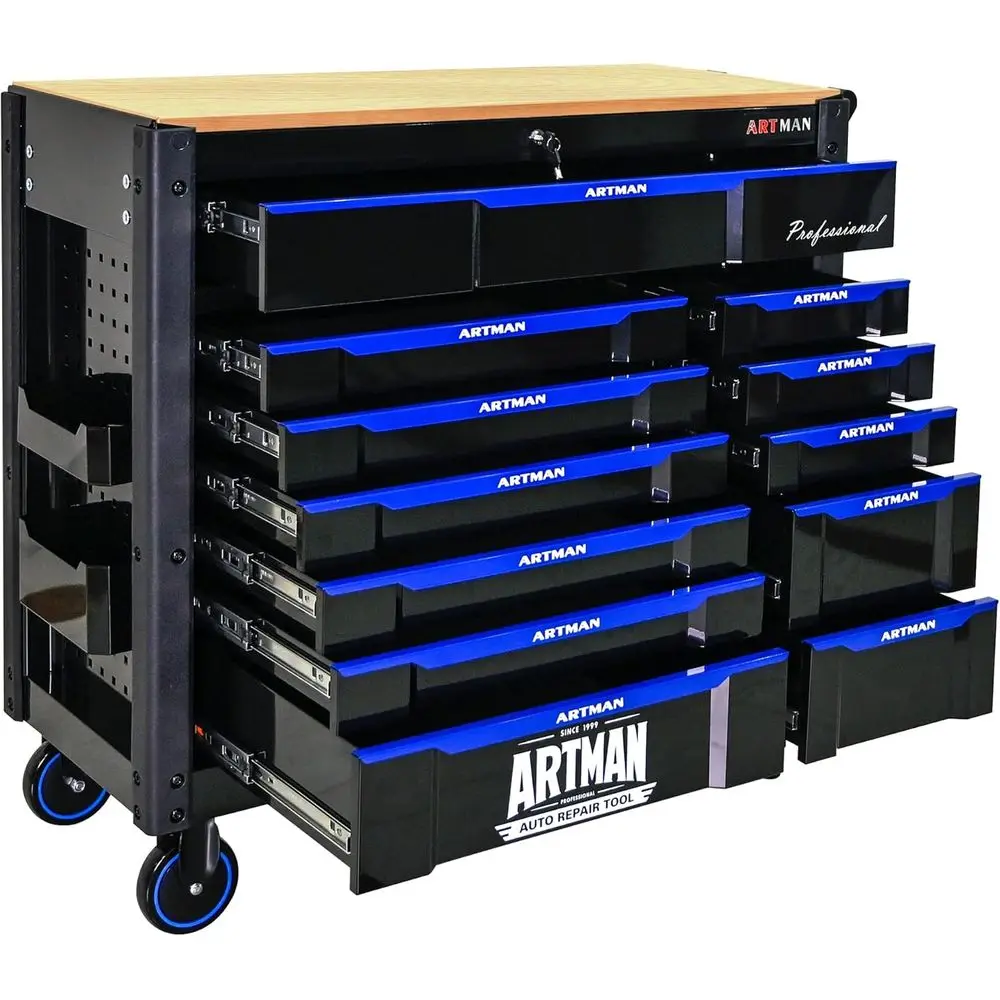 Industrial-Grade Metal Tool Chest with Wheels, 12 Drawers, Wooden Worktop, for Workshops and Garages
Industrial-Grade Metal Tool Chest with Wheels, 12 Drawers, Wooden Worktop, for Workshops and Garages