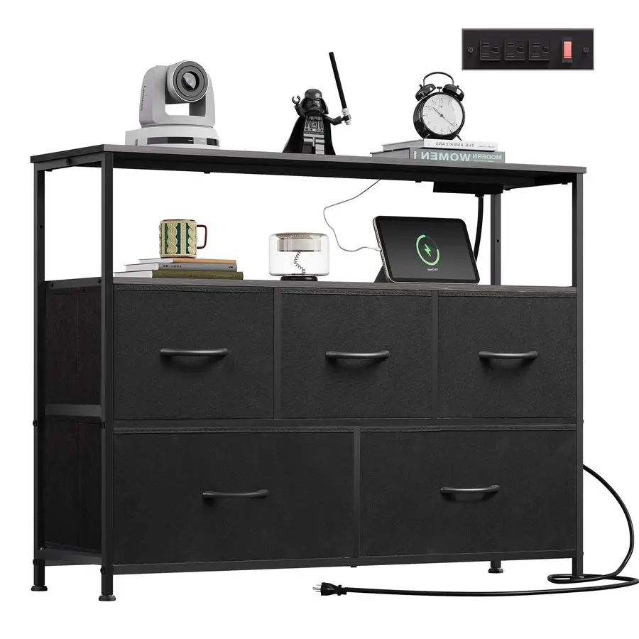 Black Dresser for Bedroom, 5 Drawer Dressers with Charging Station, Fabric Chest of Drawers with Open Shelves, Storage Dresser
Black Dresser for Bedroom, 5 Drawer Dressers with Charging Station, Fabric Chest of Drawers with Open Shelves, Storage Dresser