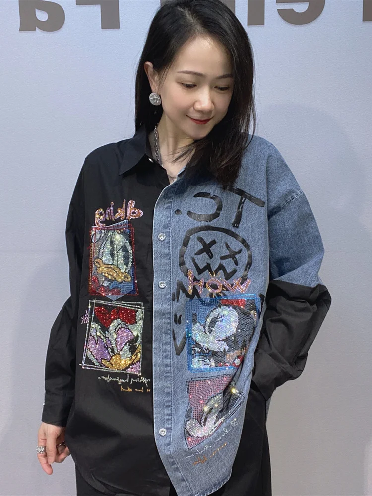 Fashionable Street Style Women's Denim Patchwork Collar Long Sleeve Outdoor Shirt Heavy Embroidery Diamond Casual Loose Fit
Fashionable Street Style Women's Denim Patchwork Collar Long Sleeve Outdoor Shirt Heavy Embroidery Diamond Casual Loose Fit