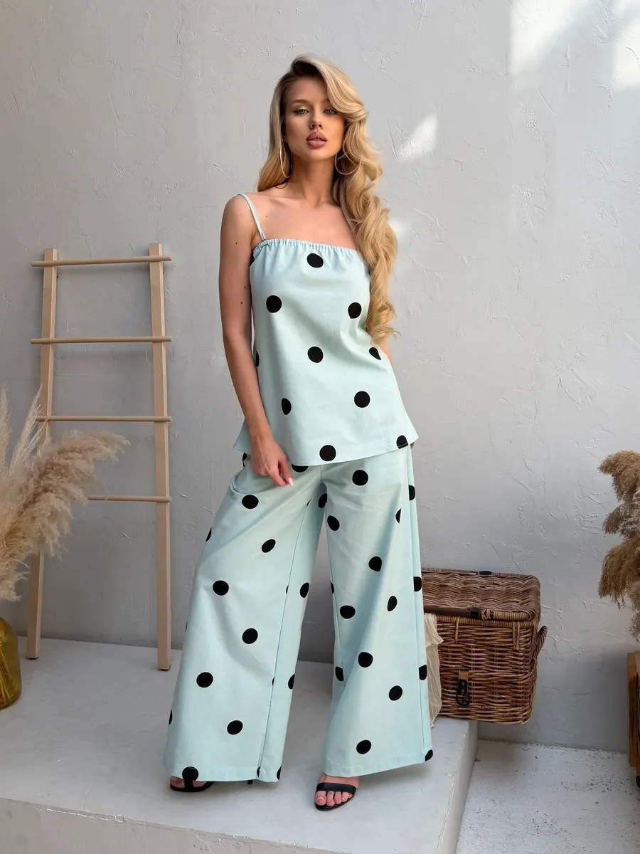 LIMO June New Women Polka Dot 2 Piece Outfit Spaghetti Strap Top High Waist Wide Leg Pants Casual Set
LIMO June New Women Polka Dot 2 Piece Outfit Spaghetti Strap Top High Waist Wide Leg Pants Casual Set