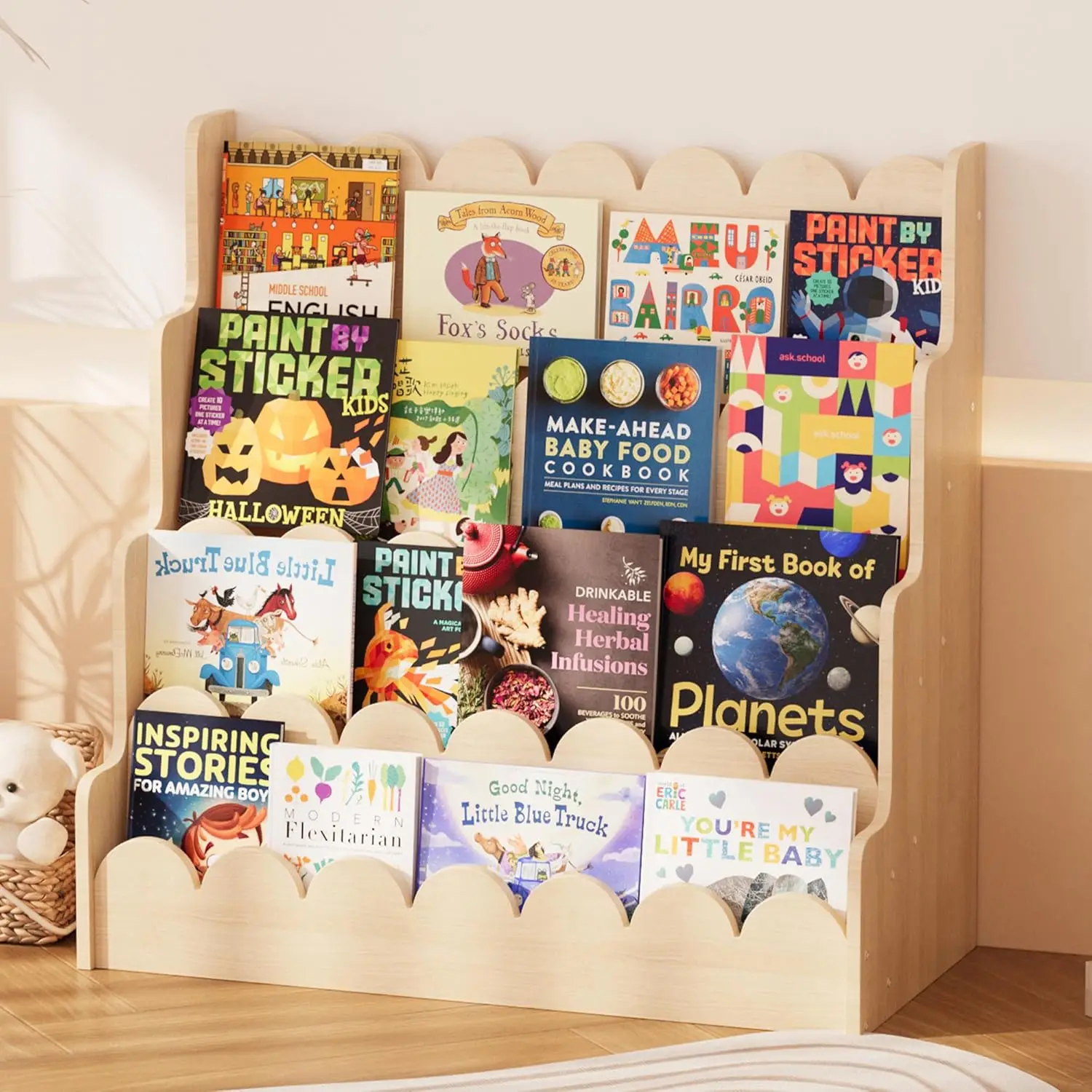 4 Tier Scalloped Bookshelf Montessori Bookcase for Kids Wooden Front Facing Small Book Display Rack Toy Organizer
4 Tier Scalloped Bookshelf Montessori Bookcase for Kids Wooden Front Facing Small Book Display Rack Toy Organizer
