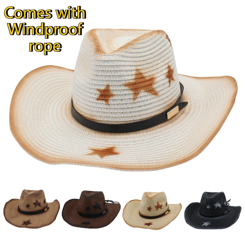 Western Cowboy Straw Hat for Summer Vintage Wide Brim Sun Hat with Star Decor Breathable Beach Outdoor Hat with Wind Strap
Western Cowboy Straw Hat for Summer Vintage Wide Brim Sun Hat with Star Decor Breathable Beach Outdoor Hat with Wind Strap