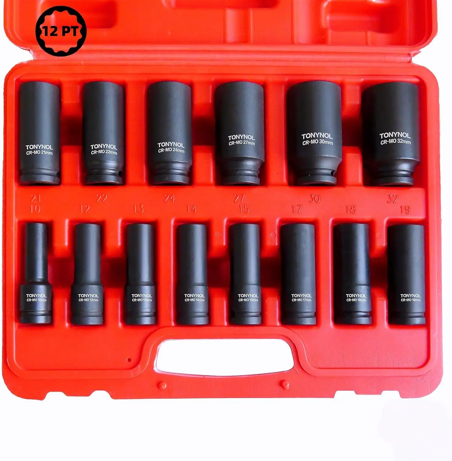 1/2 Inch Drive Deep Impact Socket Set, 12-Point Metric 10-32mm, 14 Pcs Cr-Mo Steel with Storage Case
1/2 Inch Drive Deep Impact Socket Set, 12-Point Metric 10-32mm, 14 Pcs Cr-Mo Steel with Storage Case