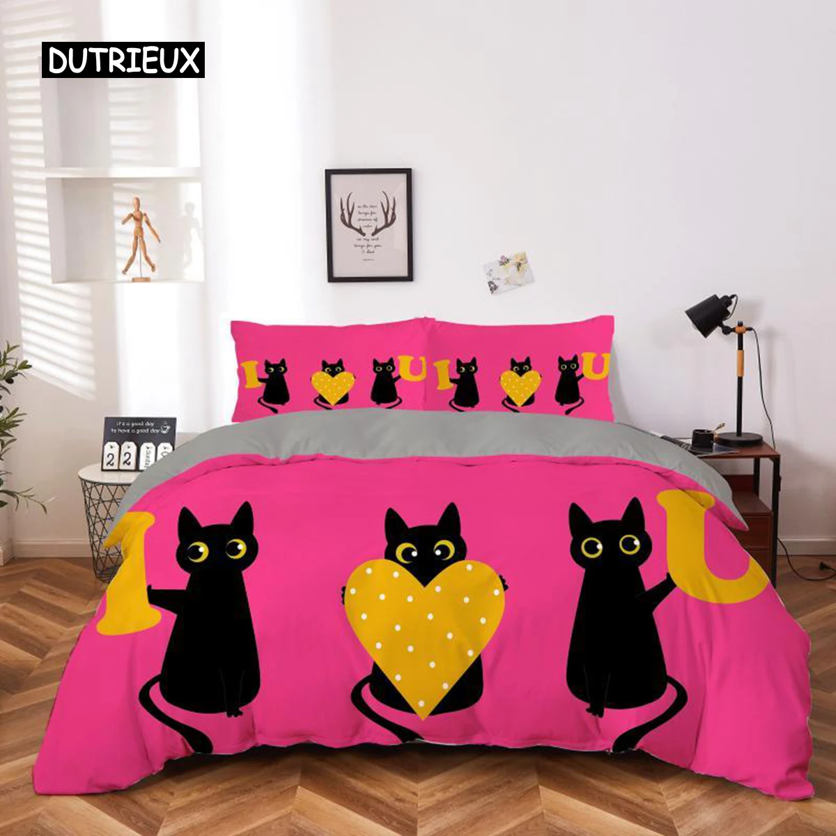 Cartoon Cat Duvet Cover Set Microfiber Black Kitten Yellow Love Heart Pattern Bedding Set 2/3pcs Queen King Size Comforter Cover
Cartoon Cat Duvet Cover Set Microfiber Black Kitten Yellow Love Heart Pattern Bedding Set 2/3pcs Queen King Size Comforter Cover