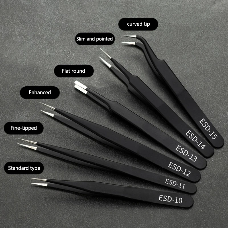Stainless Steel Black Tweezers Anti-Static ESD1mm Elbow Tip Bird's Nest Clip Disassembly Tool Precision Maintenance
Stainless Steel Black Tweezers Anti-Static ESD1mm Elbow Tip Bird's Nest Clip Disassembly Tool Precision Maintenance