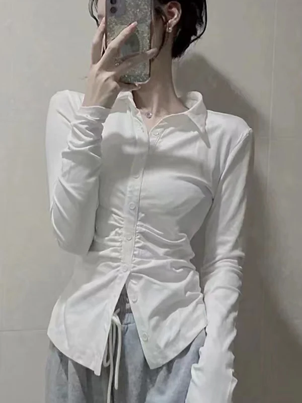 Sexy Long Sleeve Women's Shirt Pleated Jk Waist Design Slimming Top Spring Fashion Pure Desire Style Gray Spicy Girl Spring
Sexy Long Sleeve Women's Shirt Pleated Jk Waist Design Slimming Top Spring Fashion Pure Desire Style Gray Spicy Girl Spring