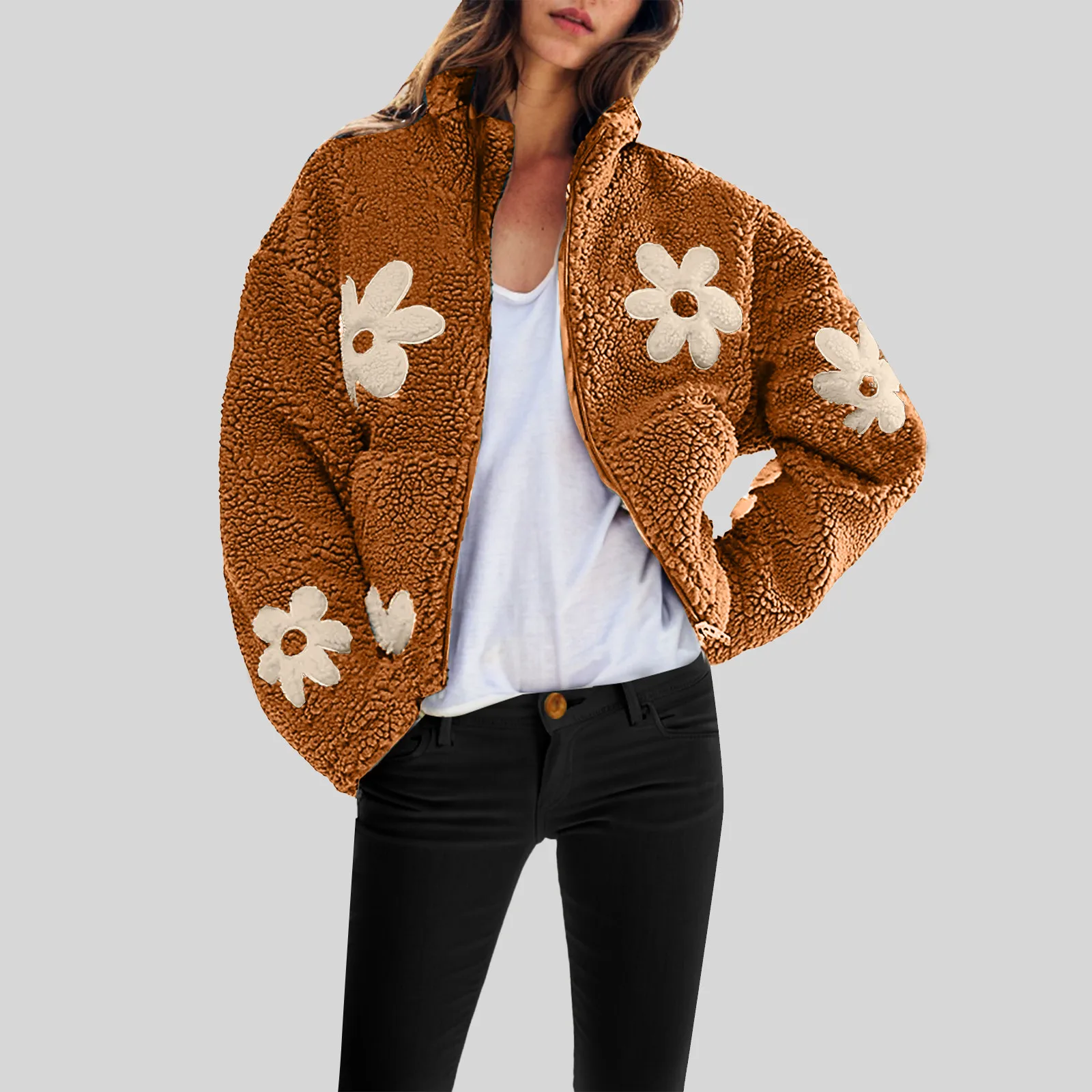Fuzzy Fleece Casual Jacket For Women Lambswool Floral Stand Collar Sweatshirt Outerwear Female Autumn Solid Coat With Pockets
Fuzzy Fleece Casual Jacket For Women Lambswool Floral Stand Collar Sweatshirt Outerwear Female Autumn Solid Coat With Pockets