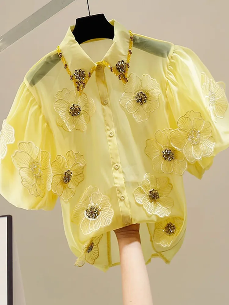 Women Summer New Korean Style Fashion Heavy Industry Diamond Bead Nails Flower Bubble Sleeve Shirt Loose Elegant Shirt
Women Summer New Korean Style Fashion Heavy Industry Diamond Bead Nails Flower Bubble Sleeve Shirt Loose Elegant Shirt