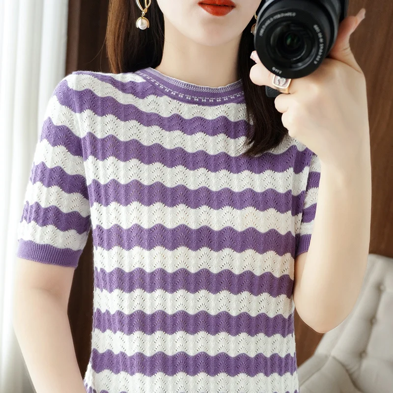 t-shirt New 2023 summer 100% cotton color stripes knitted women loose round neck hollow thin short-sleeved shirt
t-shirt New 2023 summer 100% cotton color stripes knitted women loose round neck hollow thin short-sleeved shirt