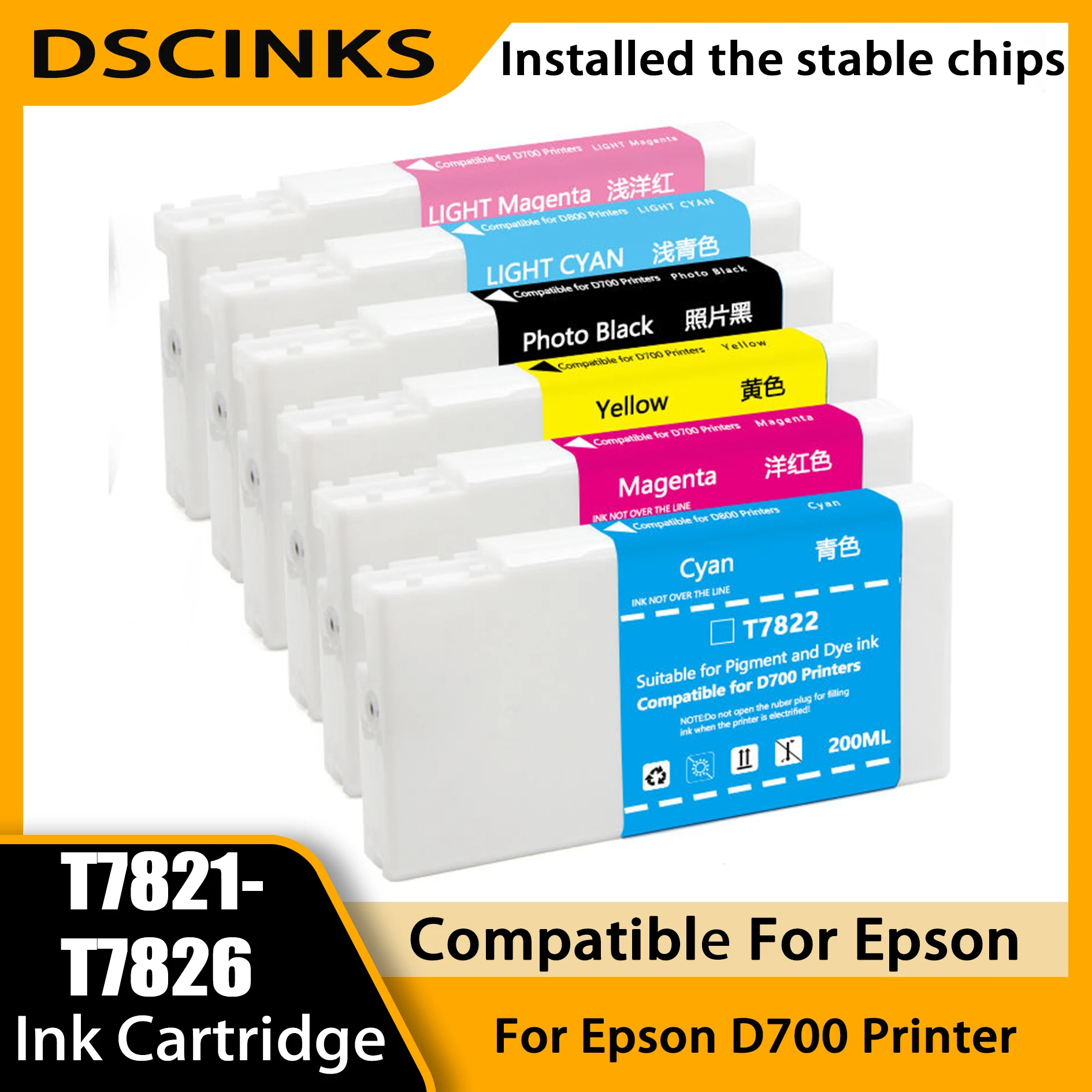 T7821 T7822 T7823 T7824 T7825 T7826 Refillable Ink Cartridge With Chip For Epson D700 Printer 200ML/PC Capacity PHK/C/M/Y/LC/LM
T7821 T7822 T7823 T7824 T7825 T7826 Refillable Ink Cartridge With Chip For Epson D700 Printer 200ML/PC Capacity PHK/C/M/Y/LC/LM