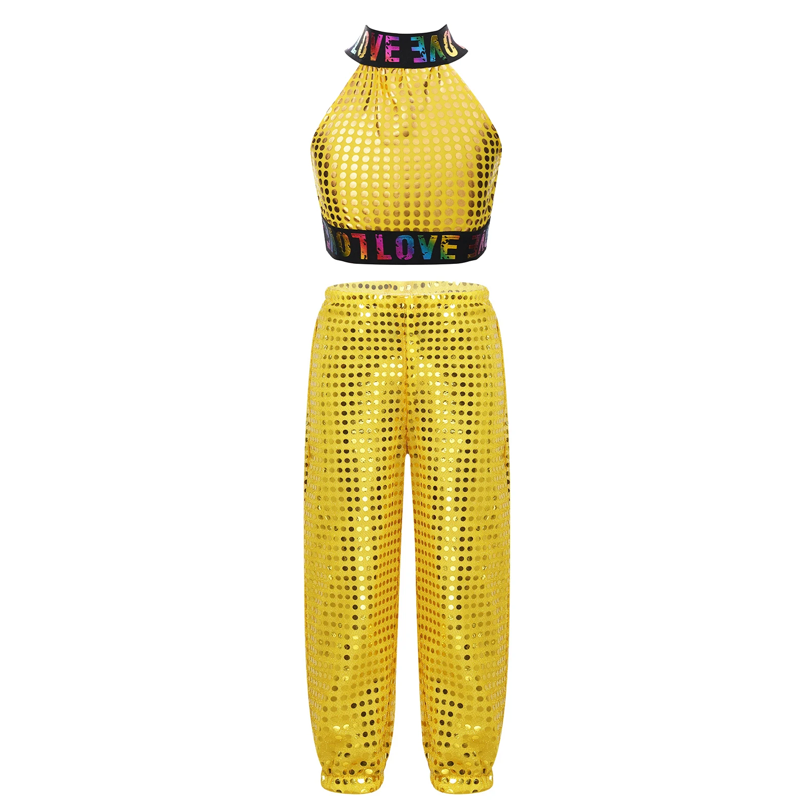 Kids Girls Hip-hop Dance Suits Shiny Sequins Sleeveless Letters Printed Crop Top with Pants Performance Competition Costumes
Kids Girls Hip-hop Dance Suits Shiny Sequins Sleeveless Letters Printed Crop Top with Pants Performance Competition Costumes