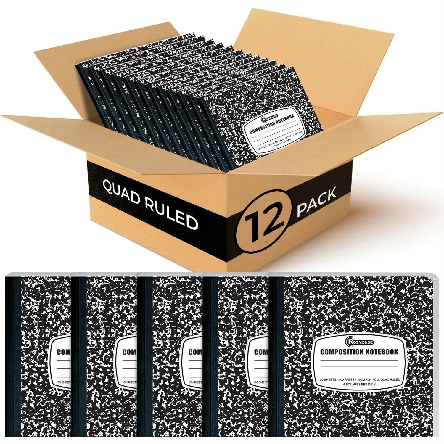 12 Pack Graph Composition Notebooks, 200 Pages Each, 4x4 Grid, Black Marble Hardcover, Quad Ruled for School
12 Pack Graph Composition Notebooks, 200 Pages Each, 4x4 Grid, Black Marble Hardcover, Quad Ruled for School