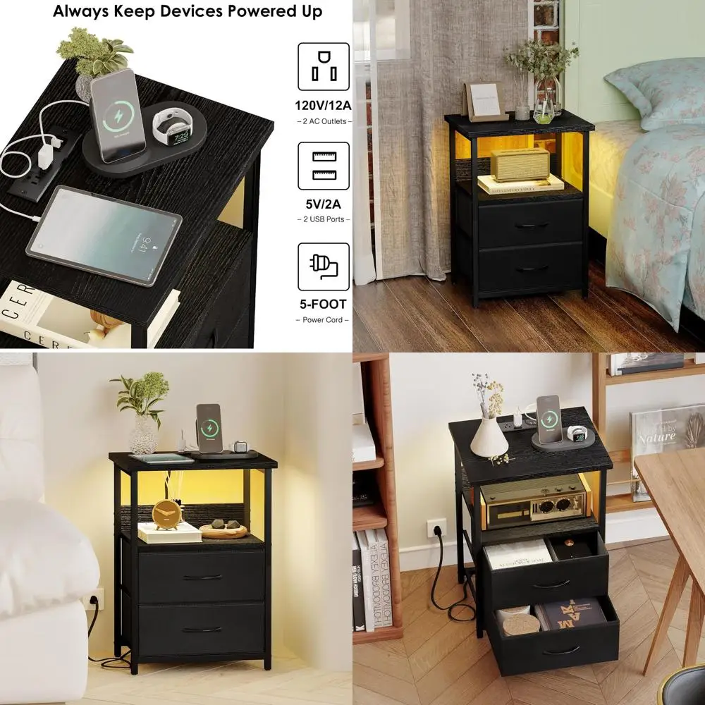 Black LED Nightstand with USB Charging & Storage Drawers, Small Side Table
Black LED Nightstand with USB Charging & Storage Drawers, Small Side Table