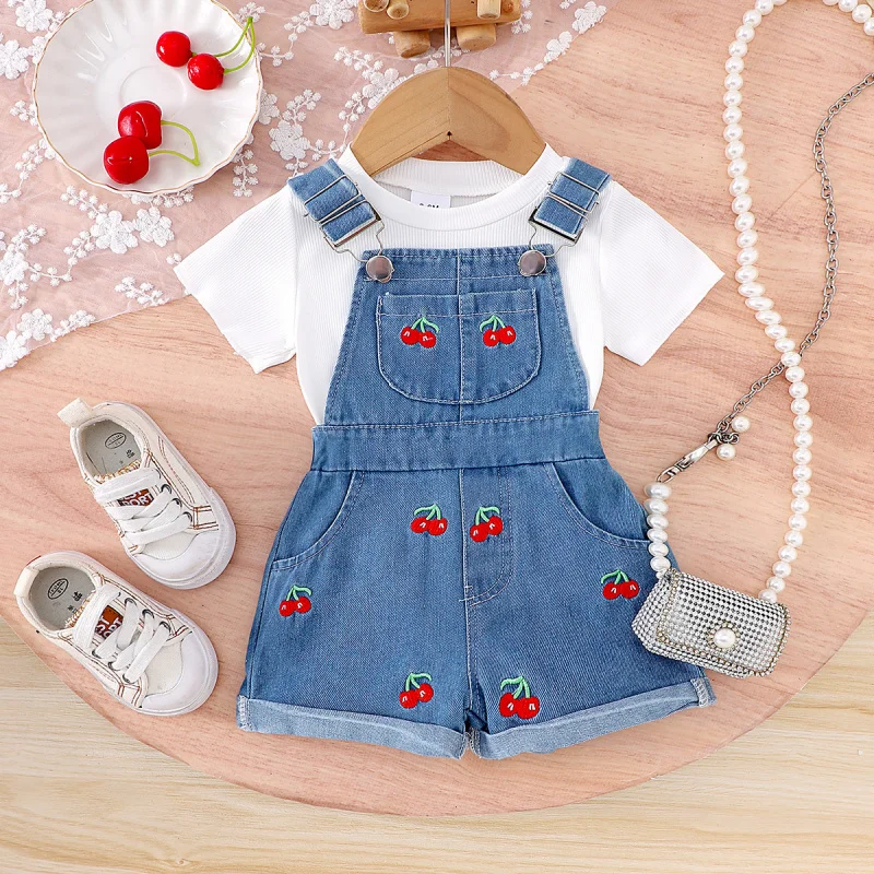 Infant and toddler set, white short-sleeveTShirt Top+Cherry retro denim overalls two-piece set for trendy kids
Infant and toddler set, white short-sleeveTShirt Top+Cherry retro denim overalls two-piece set for trendy kids