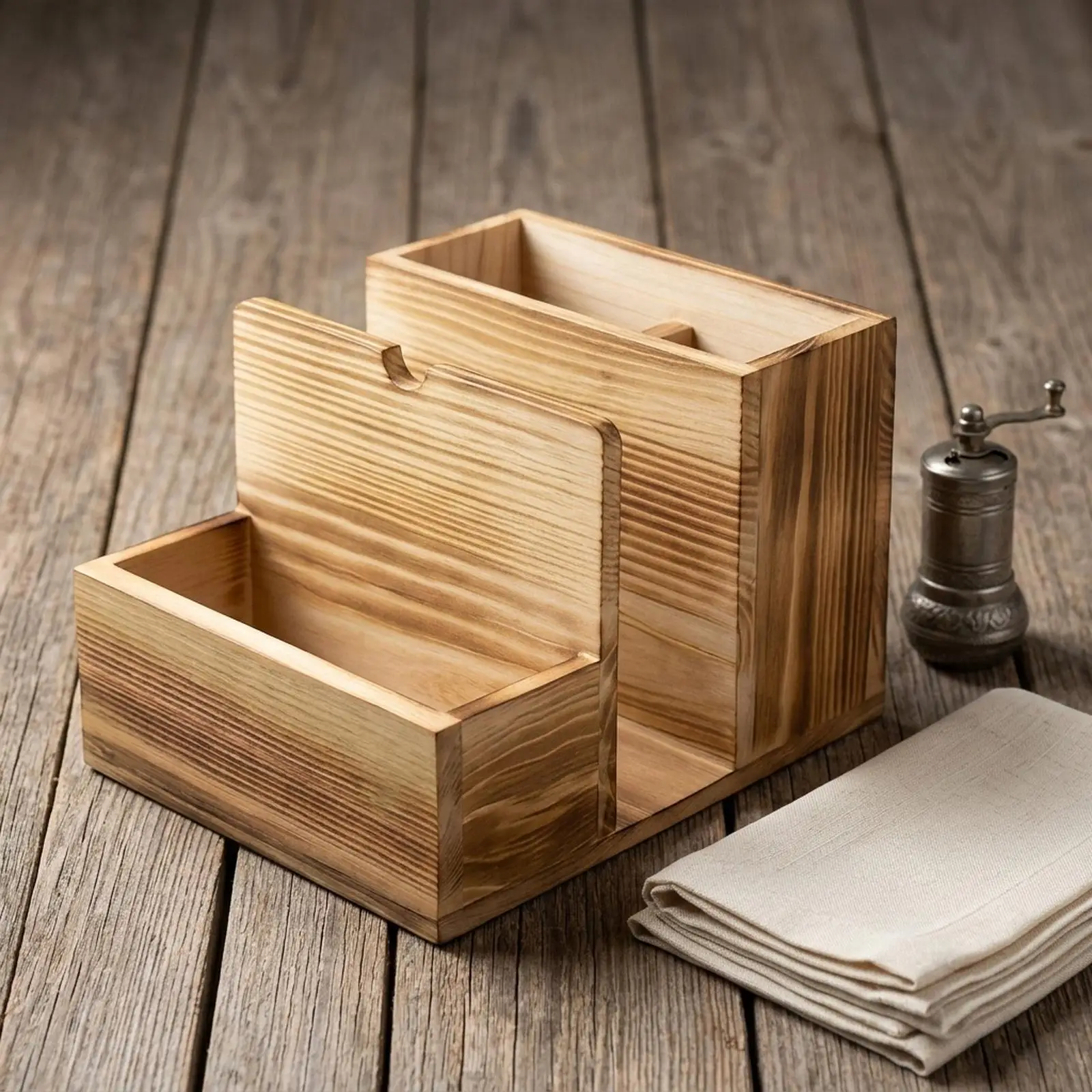 Rustic Silverware Holder with Napkin Organizer Box Multi Compartment Utensil Storage for Restaurant Countertop
Rustic Silverware Holder with Napkin Organizer Box Multi Compartment Utensil Storage for Restaurant Countertop