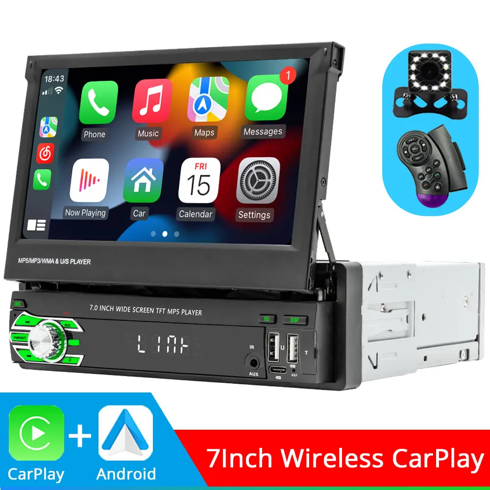 Wireless Carplay Android Auto 7inch Car Radio 1Din MP5 Retractable screen multimedia player FM AM Bluetooth Rear View Camera
Wireless Carplay Android Auto 7inch Car Radio 1Din MP5 Retractable screen multimedia player FM AM Bluetooth Rear View Camera