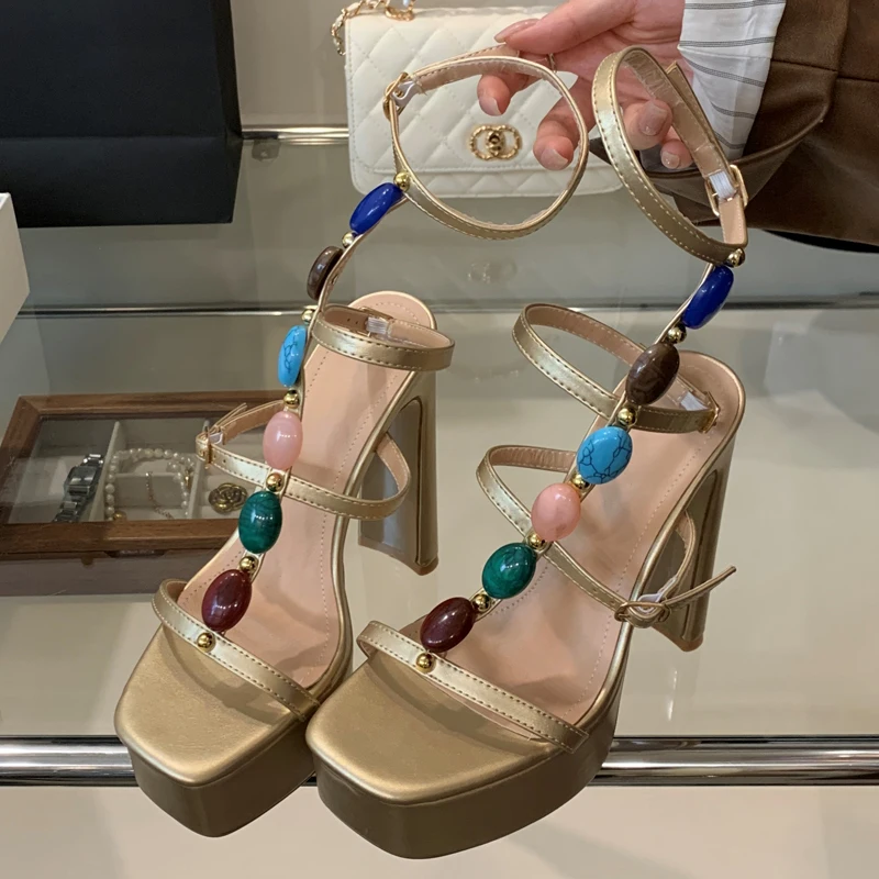 Summer Platform Sandals Women Chunky High Heel Square Toe Colorful Gemstone Studded T Strap Buckle Strap Ladies Party Shoes
Summer Platform Sandals Women Chunky High Heel Square Toe Colorful Gemstone Studded T Strap Buckle Strap Ladies Party Shoes