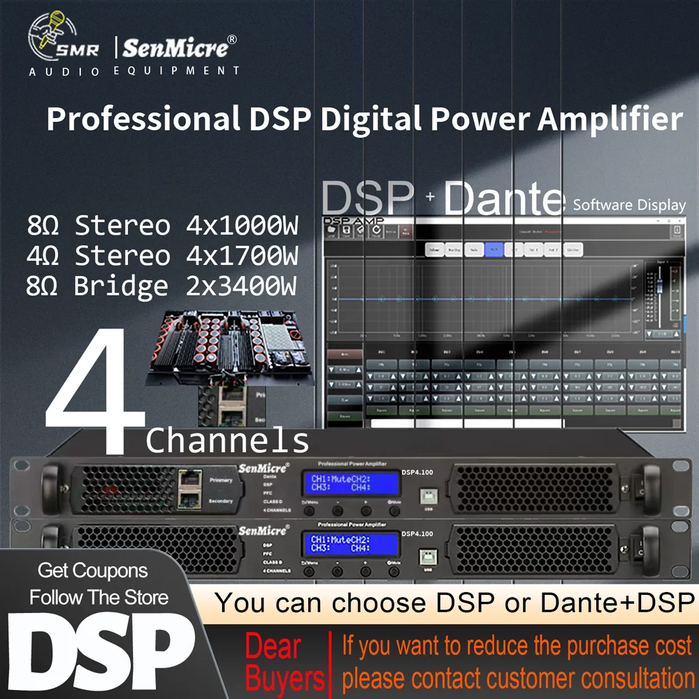SenMicre DSP4.10P Профессиональный цифровой усилитель мощности DSP с процессором Dante 4-канальный DJ-сабвуфер Предусилитель 4x1000 Вт 8 Ом 1U Линейный массив Динамик Усилитель звука Сценическое выступление
SenMicre DSP4.10P Профессиональный цифровой усилитель мощности DSP с процессором Dante 4-канальный DJ-сабвуфер Предусилитель 4x1000 Вт 8 Ом 1U Линейный массив Динамик Усилитель звука Сценическое выступление
