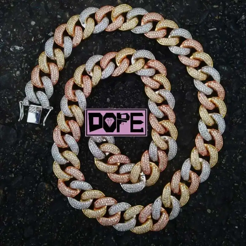 Custom Iced Out VVS Hiphop 3 Color 18mm Miami Cuban Necklace 925 Sterling Silver Bling Cuban Chain
Custom Iced Out VVS Hiphop 3 Color 18mm Miami Cuban Necklace 925 Sterling Silver Bling Cuban Chain