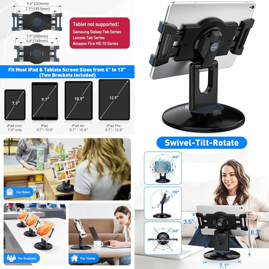 Retail Kiosk iPad Stand, 360° Rotating Commercial POS Tablet Stand, Fits 6"-13" (Screens) iPad mini Pro-Business Swivel Tablet Holder, for Store Office Reception Kitchen Desktop (Black
Retail Kiosk iPad Stand, 360° Rotating Commercial POS Tablet Stand, Fits 6"-13" (Screens) iPad mini Pro-Business Swivel Tablet Holder, for Store Office Reception Kitchen Desktop (Black