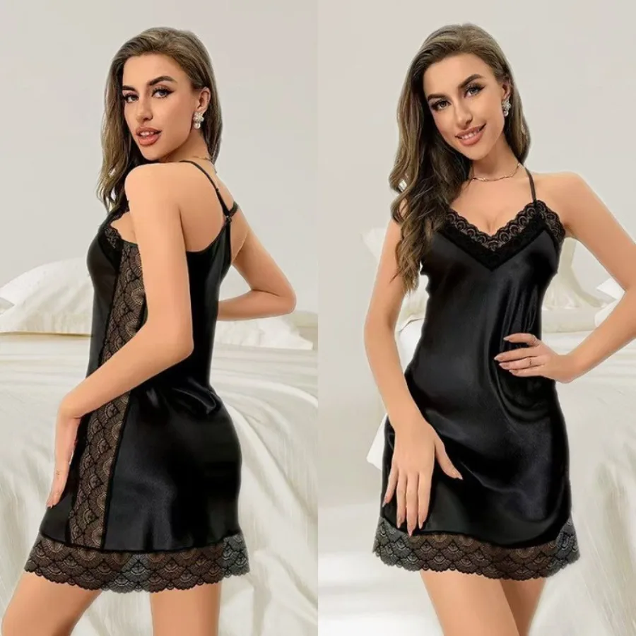Cross-border new sling skirt, women's pajamas, lace, plain color, sexy dress, thin, large, home clothing.
Cross-border new sling skirt, women's pajamas, lace, plain color, sexy dress, thin, large, home clothing.