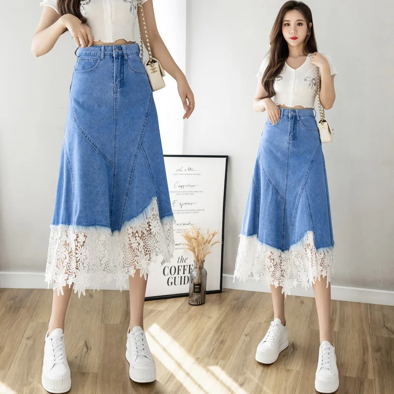 Spring Autumn Korean-style High-waisted Lace Patchwork Denim Half Body Skirt. Ladies Fashion Leisure Long A-line Umbrella Skirt
Spring Autumn Korean-style High-waisted Lace Patchwork Denim Half Body Skirt. Ladies Fashion Leisure Long A-line Umbrella Skirt