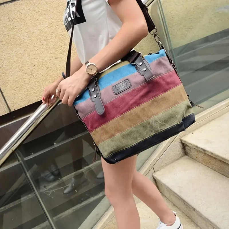 Rainbow Striped Print Canvas Bag, Double Handle Zipper Shoulder Boston Bag With Buckle Decor
Rainbow Striped Print Canvas Bag, Double Handle Zipper Shoulder Boston Bag With Buckle Decor