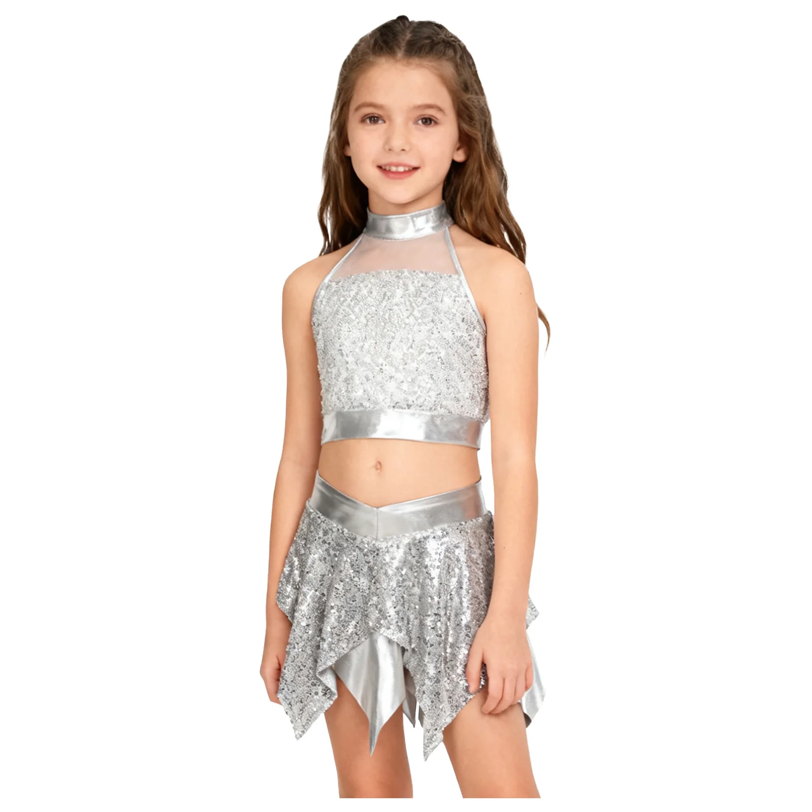 Kids Girls Shiny Sequins Jazz Hip Hop Dance Cheerleading Stage Outfit Sleeveless Sparkly Crop Top with Metallic Skirt Dancewear
Kids Girls Shiny Sequins Jazz Hip Hop Dance Cheerleading Stage Outfit Sleeveless Sparkly Crop Top with Metallic Skirt Dancewear
