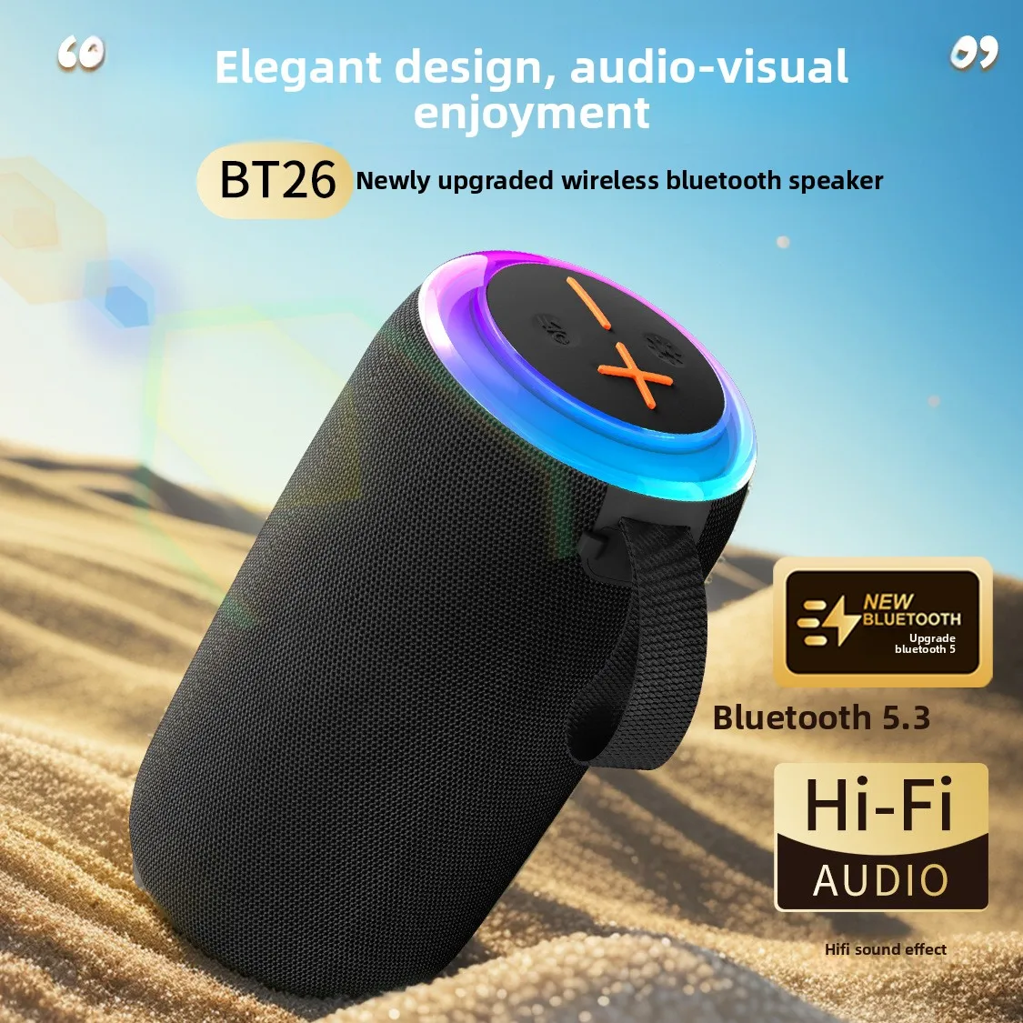 Портативная беспроводная Bluetooth-колонка с мощными басами, воспроизведением с карты TF, длительным временем автономной работы и эффектами RGB-подсветки.
Портативная беспроводная Bluetooth-колонка с мощными басами, воспроизведением с карты TF, длительным временем автономной работы и эффектами RGB-подсветки.
