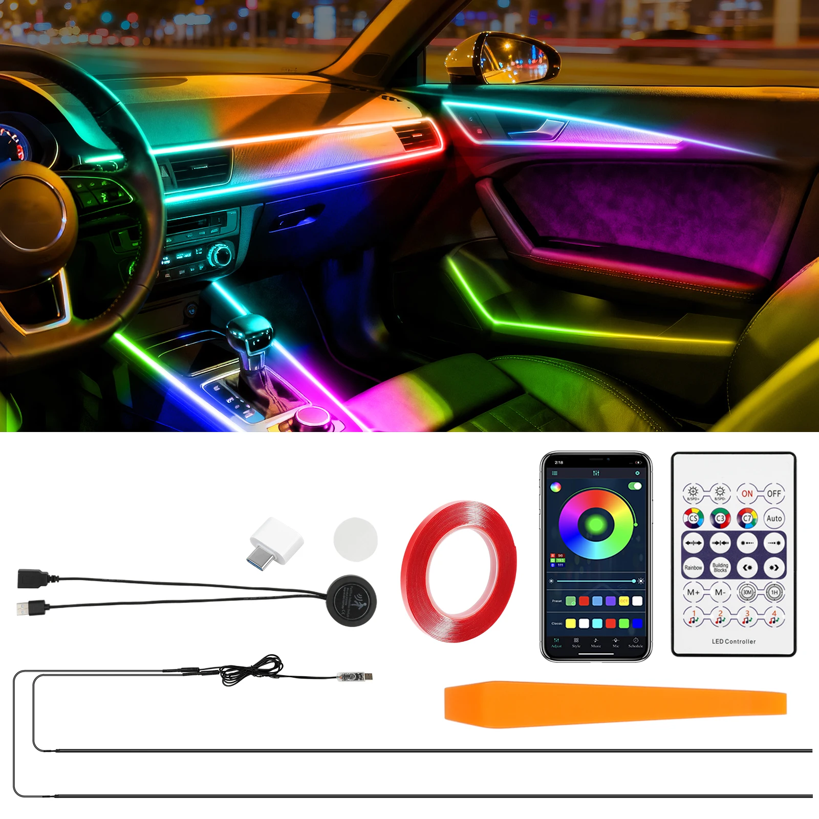 Acrylic LEDs Lights for Car with Dynamic Dreamcolor Chasing Ambient Lighting Kits Music Sync Wireless APP And RF Remote Control
Acrylic LEDs Lights for Car with Dynamic Dreamcolor Chasing Ambient Lighting Kits Music Sync Wireless APP And RF Remote Control