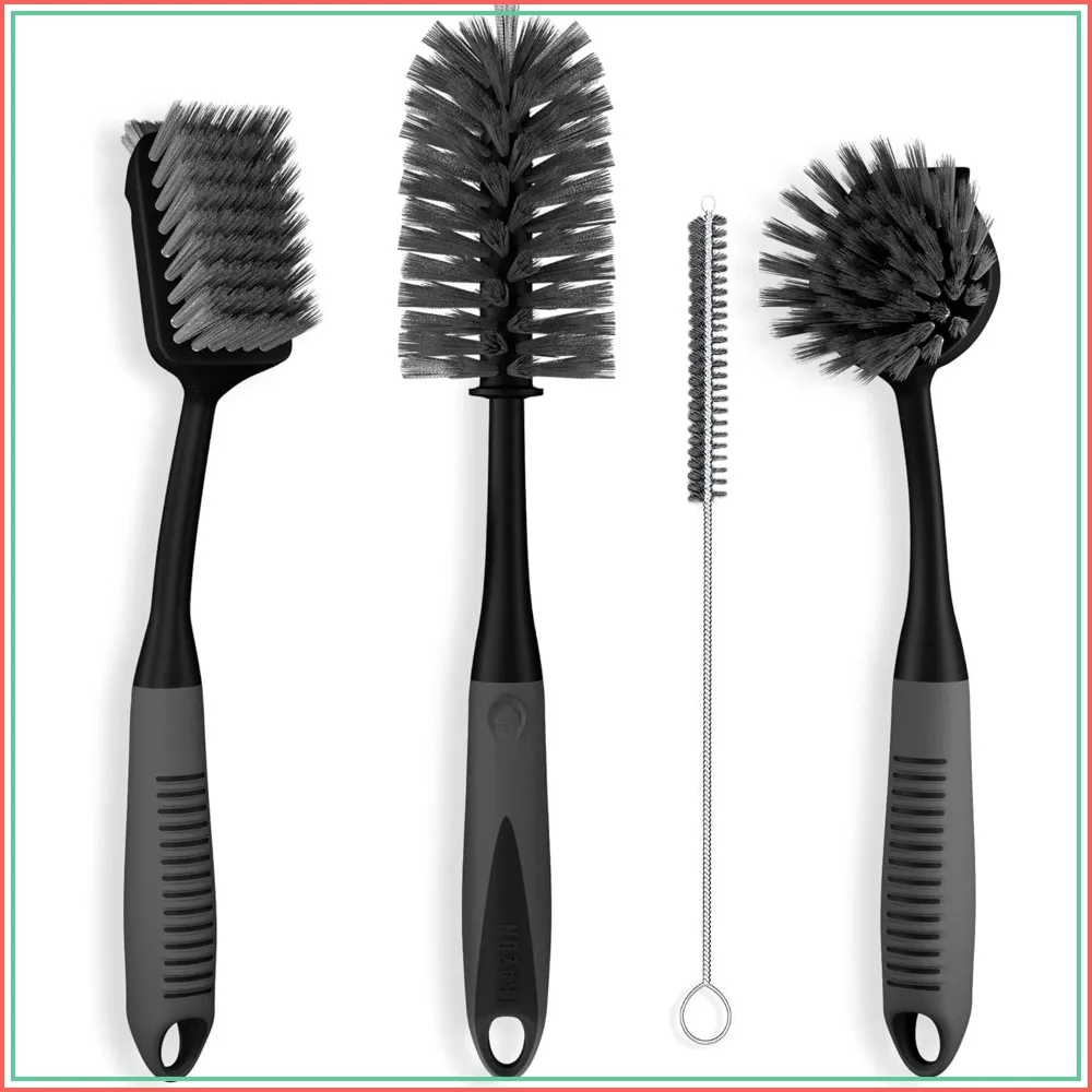 4-Piece Dish Brush Set - Long Handle Kitchen Scrubbers for Pots, Bottles, Cups & Sink, Black
4-Piece Dish Brush Set - Long Handle Kitchen Scrubbers for Pots, Bottles, Cups & Sink, Black