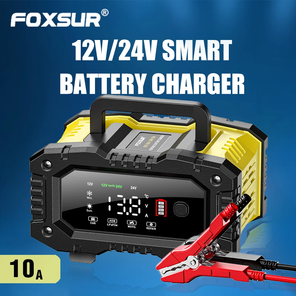 FOXSUR 10A Handy 12V 24V Motorcycle Battery Charger, Car Battery High Power Identification, HD Display Charger 
FOXSUR 10A Handy 12V 24V Motorcycle Battery Charger, Car Battery High Power Identification, HD Display Charger