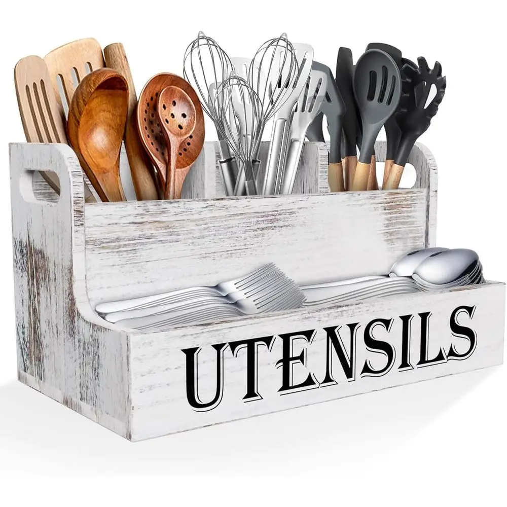 4-Section White Wooden Farmhouse Kitchen Utensil Holder, Rustic Countertop Organizer
4-Section White Wooden Farmhouse Kitchen Utensil Holder, Rustic Countertop Organizer