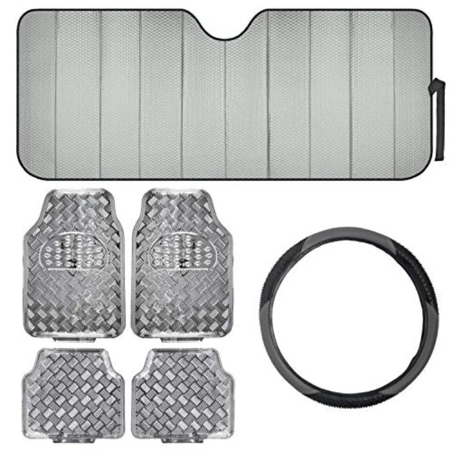 6-Piece Car Accessory Set, Heavy Duty Front and Rear Floor Mats, Front Windshield Sunshade, Sporty Ergonomic Steering Wheel Cov
6-Piece Car Accessory Set, Heavy Duty Front and Rear Floor Mats, Front Windshield Sunshade, Sporty Ergonomic Steering Wheel Cov