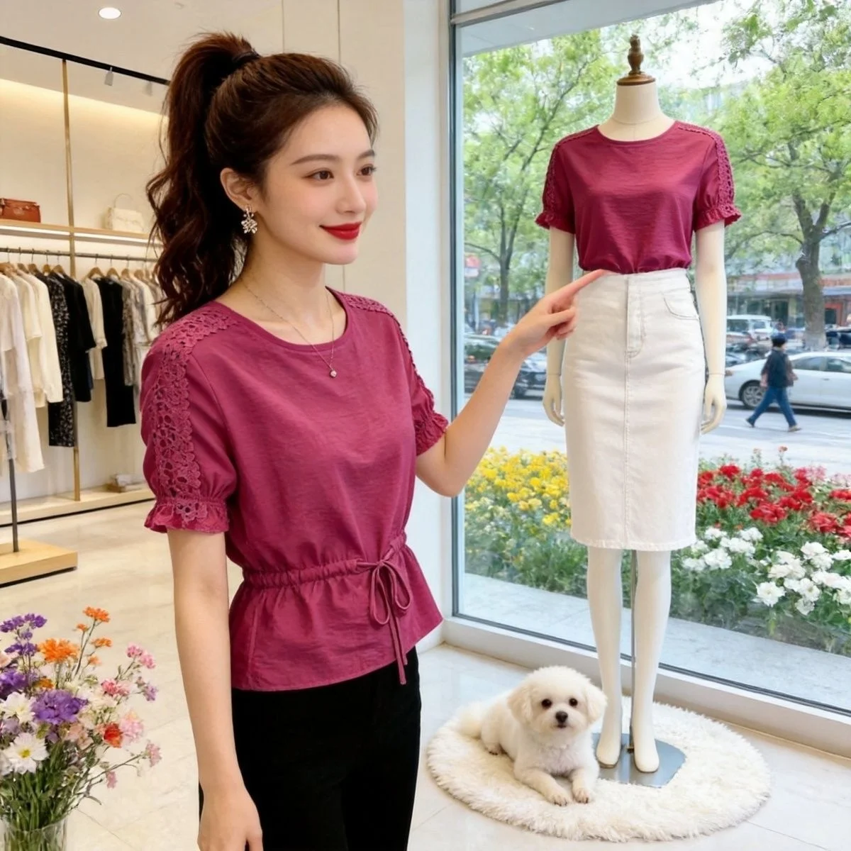Summer New Style round Neck Lace Splicing Slimming Shirt Women's Fashionable Hollow out Design Waist Cinched Short Sleeve Top
Summer New Style round Neck Lace Splicing Slimming Shirt Women's Fashionable Hollow out Design Waist Cinched Short Sleeve Top