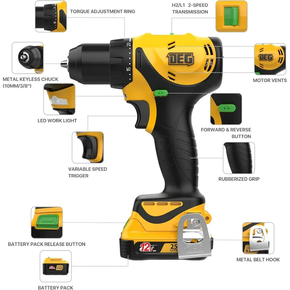 12V MAX Cordless Drill,Electric Power Drill Set with Battery & Charger, 3/8-Inch Keyless Chuck, 2 Variable Speed, 20+1 Torque
12V MAX Cordless Drill,Electric Power Drill Set with Battery & Charger, 3/8-Inch Keyless Chuck, 2 Variable Speed, 20+1 Torque