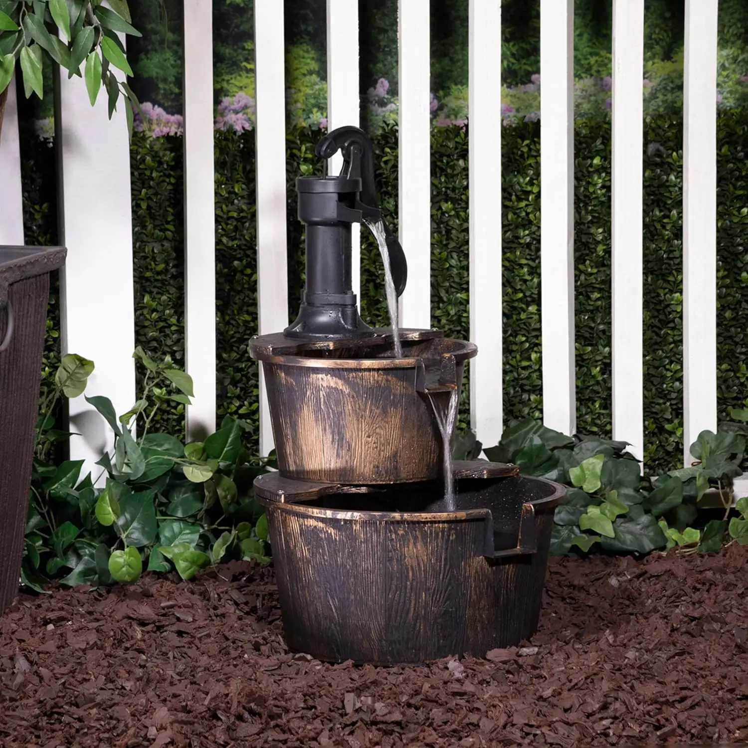Rustic 2-Tiered Barrel and Pump Water Fountain – Bronze Finish, Relaxing Water Flow, Ideal for Garden, Patio, & Yard Décor, 27"H
Rustic 2-Tiered Barrel and Pump Water Fountain – Bronze Finish, Relaxing Water Flow, Ideal for Garden, Patio, & Yard Décor, 27"H