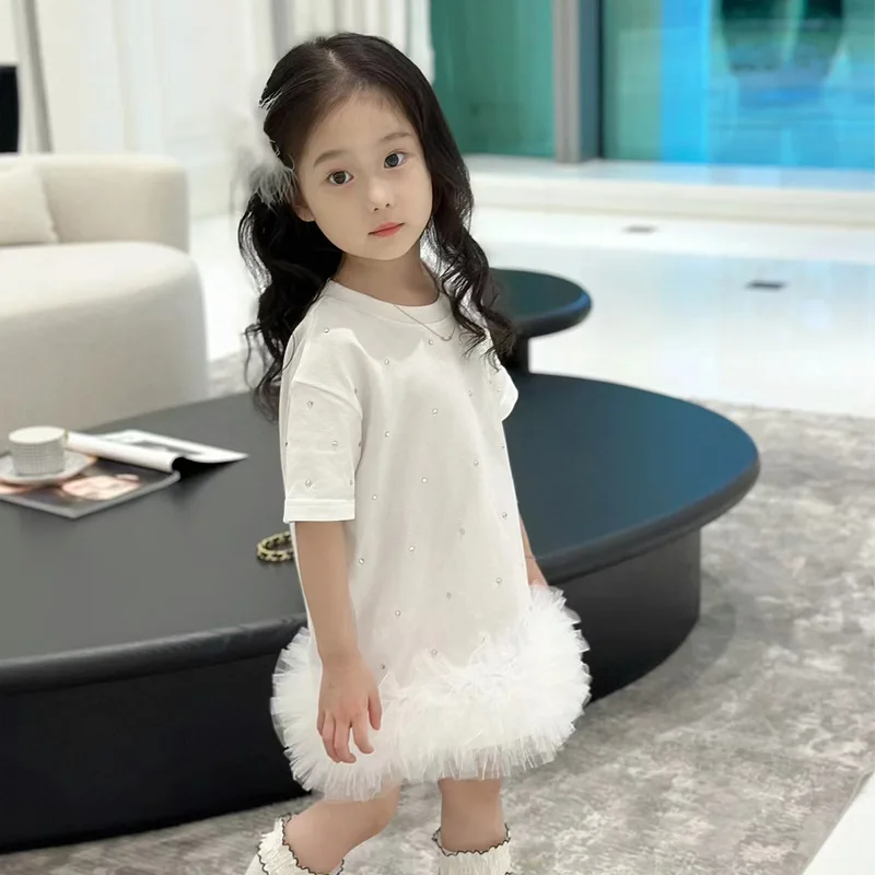 Fashion Baby Girl T-shirt Dresses 2025 Summer Kids Printed Diamonds Splicing Mesh Princess Dress Children Short Sleeves Vestidos
Fashion Baby Girl T-shirt Dresses 2025 Summer Kids Printed Diamonds Splicing Mesh Princess Dress Children Short Sleeves Vestidos