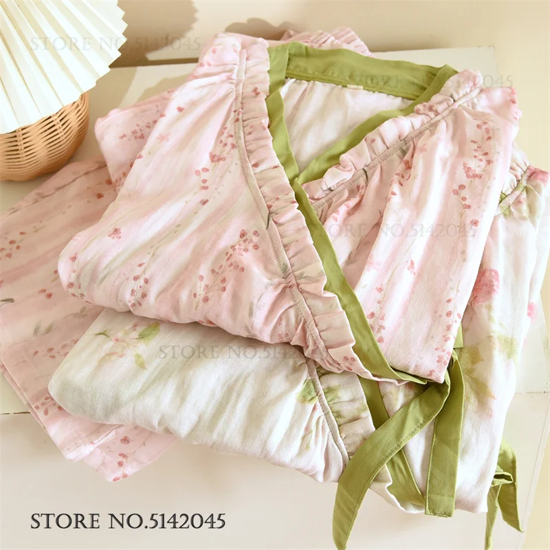 Spring Autumn New Cotton Gauze Pajamas Women's Sleepwear Pastoral Style Sweet Print Floral Trouser Pijamas Suit Loose Homewear
Spring Autumn New Cotton Gauze Pajamas Women's Sleepwear Pastoral Style Sweet Print Floral Trouser Pijamas Suit Loose Homewear