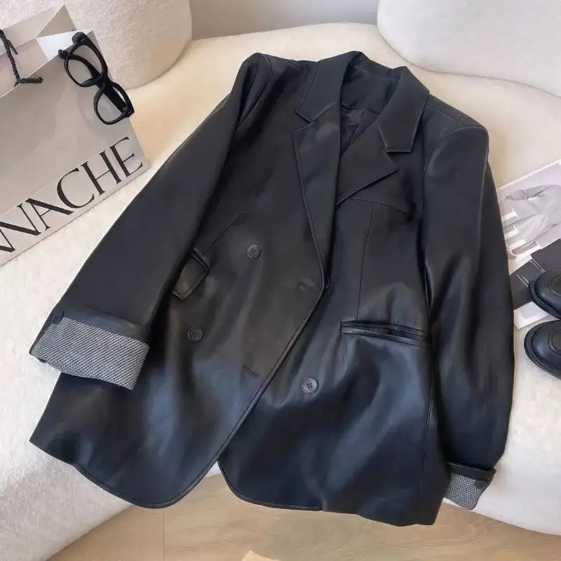 Women's Black PU Leather Jacket Double Breasted Lapel Color Block Cuff Oversized Coat 2026 New Stylish Streetwear Office Blazer
Women's Black PU Leather Jacket Double Breasted Lapel Color Block Cuff Oversized Coat 2026 New Stylish Streetwear Office Blazer