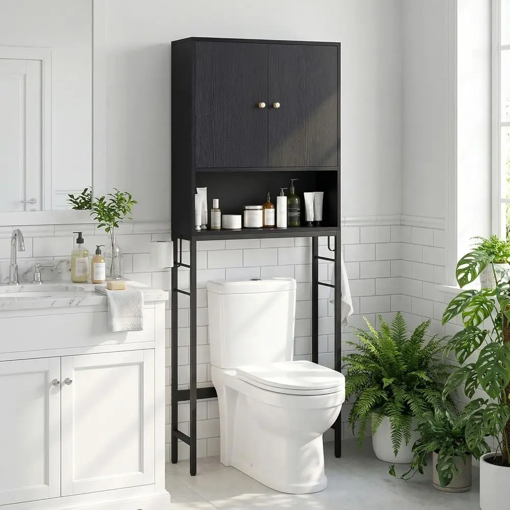 Space-Saving Toilet Storage Cabinet, Metal Stand with 2 Doors and Hooks, Black
Space-Saving Toilet Storage Cabinet, Metal Stand with 2 Doors and Hooks, Black