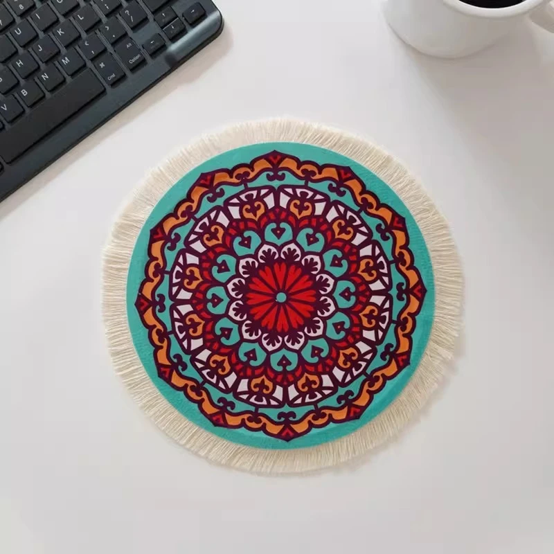 Boho Chic Mandala Pattern Mouse Pad with Fringe Decorative Round Desk Mat for Home Office