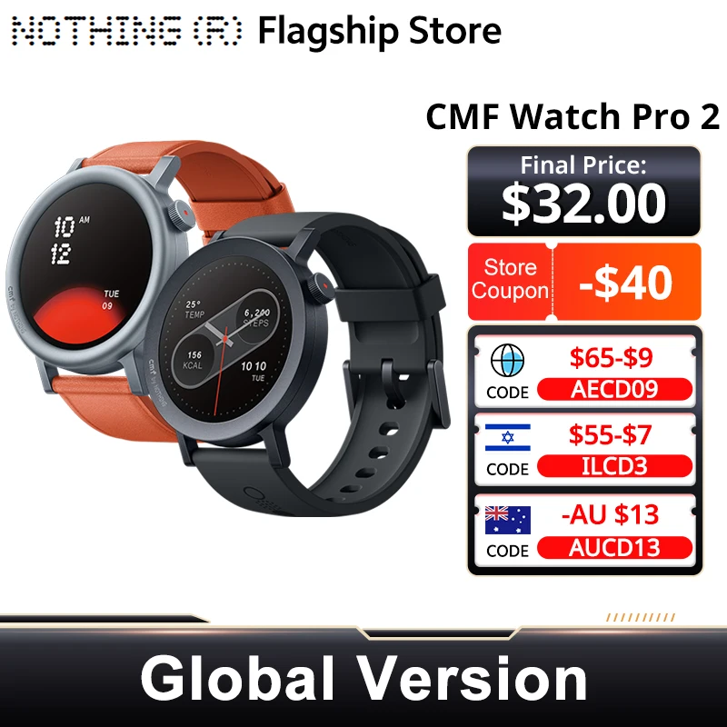 CMF by Nothing Watch Pro 2 Global Version BLUETOOTH CALLS 1.32'' AMOLED 60 FPS Display 11 Days Battery life SpO₂ Monitors GPS
CMF by Nothing Watch Pro 2 Global Version BLUETOOTH CALLS 1.32'' AMOLED 60 FPS Display 11 Days Battery life SpO₂ Monitors GPS