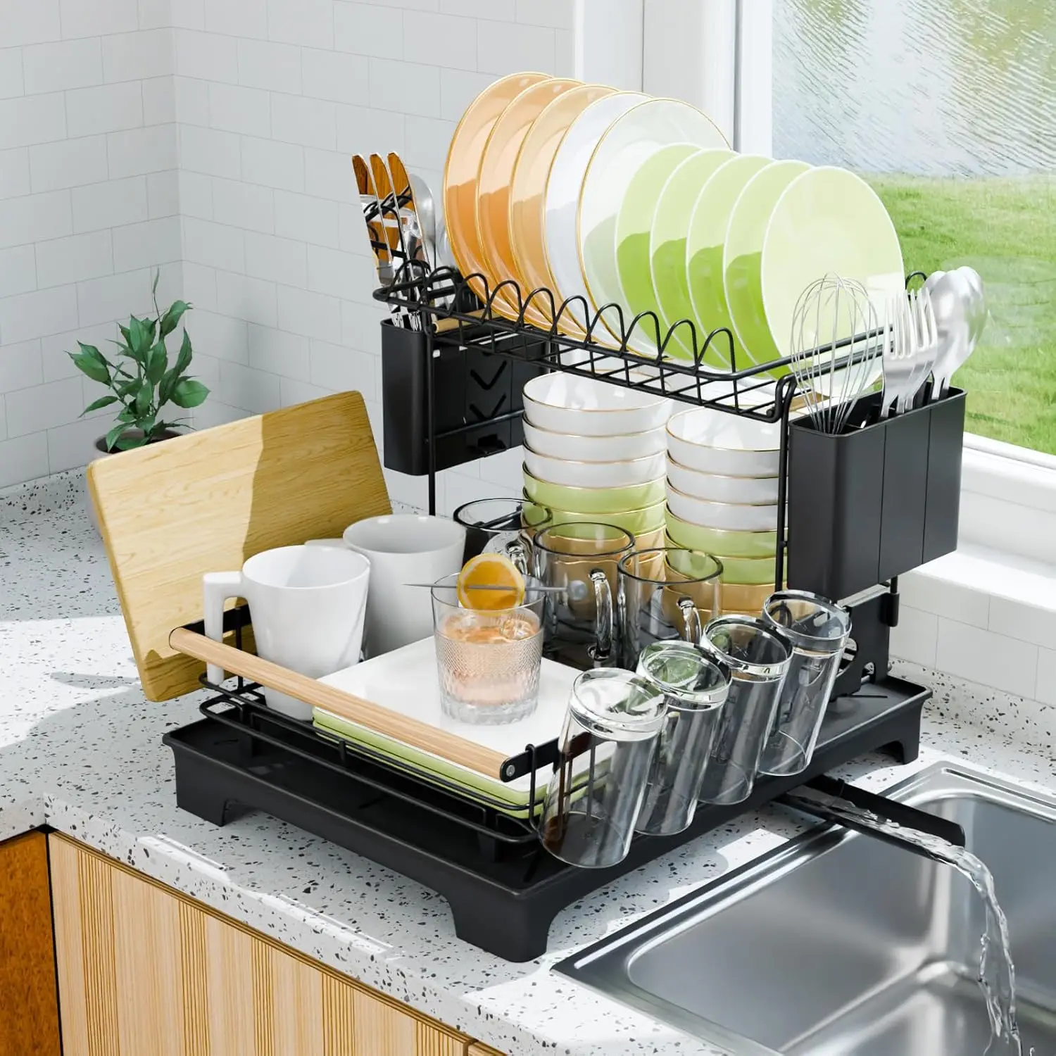 2-Tier Dish Rack with Drainboard: Large Capacity Anti-Rust Kitchen Counter Organizer with Cup, Utensil & Cutting Board Holders, Heavy Duty Dish Drying Rack, Black
2-Tier Dish Rack with Drainboard: Large Capacity Anti-Rust Kitchen Counter Organizer with Cup, Utensil & Cutting Board Holders, Heavy Duty Dish Drying Rack, Black