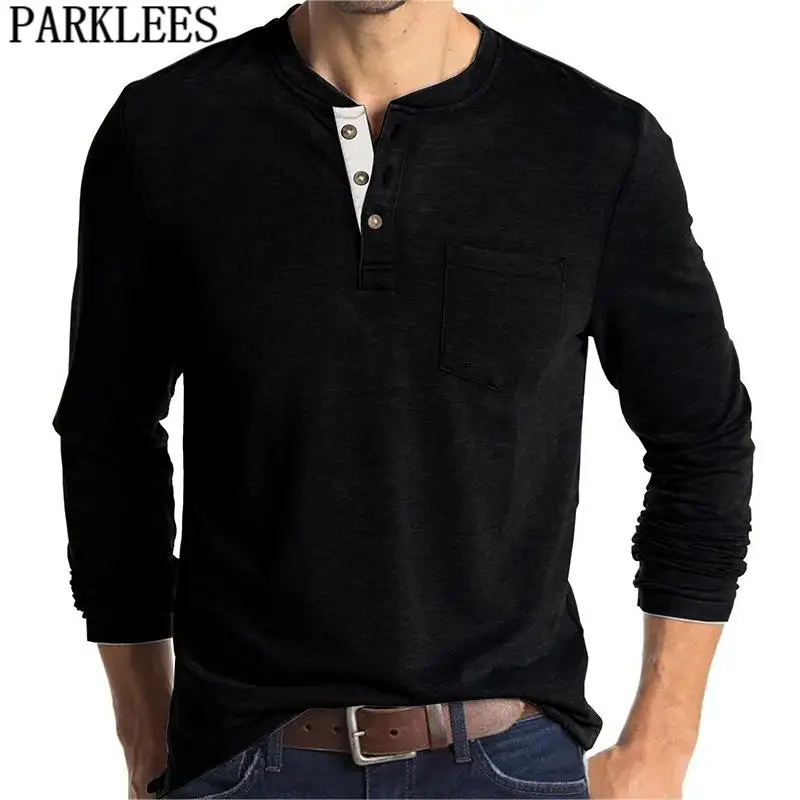 PARKLEES Men Long Sleeve Black Henley T Shirts Classic Autumn Buttons T Shirt With Pocket Male Casual Daily Pullover Top Hombre
PARKLEES Men Long Sleeve Black Henley T Shirts Classic Autumn Buttons T Shirt With Pocket Male Casual Daily Pullover Top Hombre