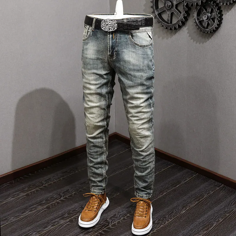 Italian Style Fashion Men Jeans High Quality Retro Washed Blue Stretch Slim Fit Ripped Jeans Men Vintage Designer Denim Pants
Italian Style Fashion Men Jeans High Quality Retro Washed Blue Stretch Slim Fit Ripped Jeans Men Vintage Designer Denim Pants